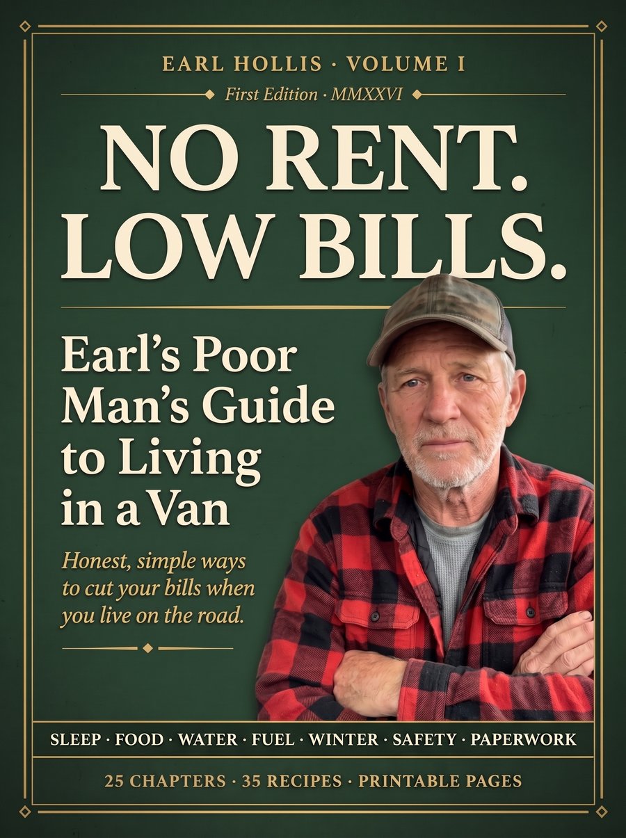 Cover of Earl's Poor Man's Guide to Living in a Van, with Earl Hollis in a red flannel shirt